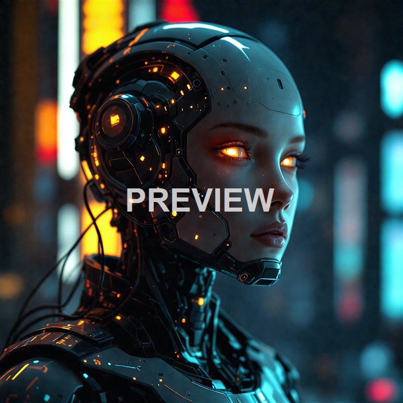 A highly detailed, futuristic humanoid robot with glowing orange eyes, intricate black and metallic body parts, and a human-like face, set against a blurred cityscape background with neon lights.